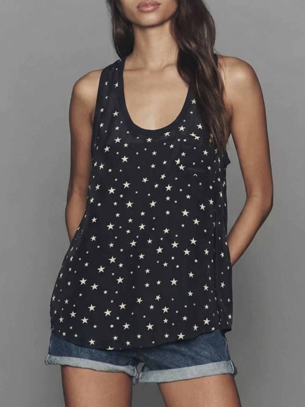 Joie 100% Silk Star Print Tank Womens Size Small Black Racerback Scoop Neck Top